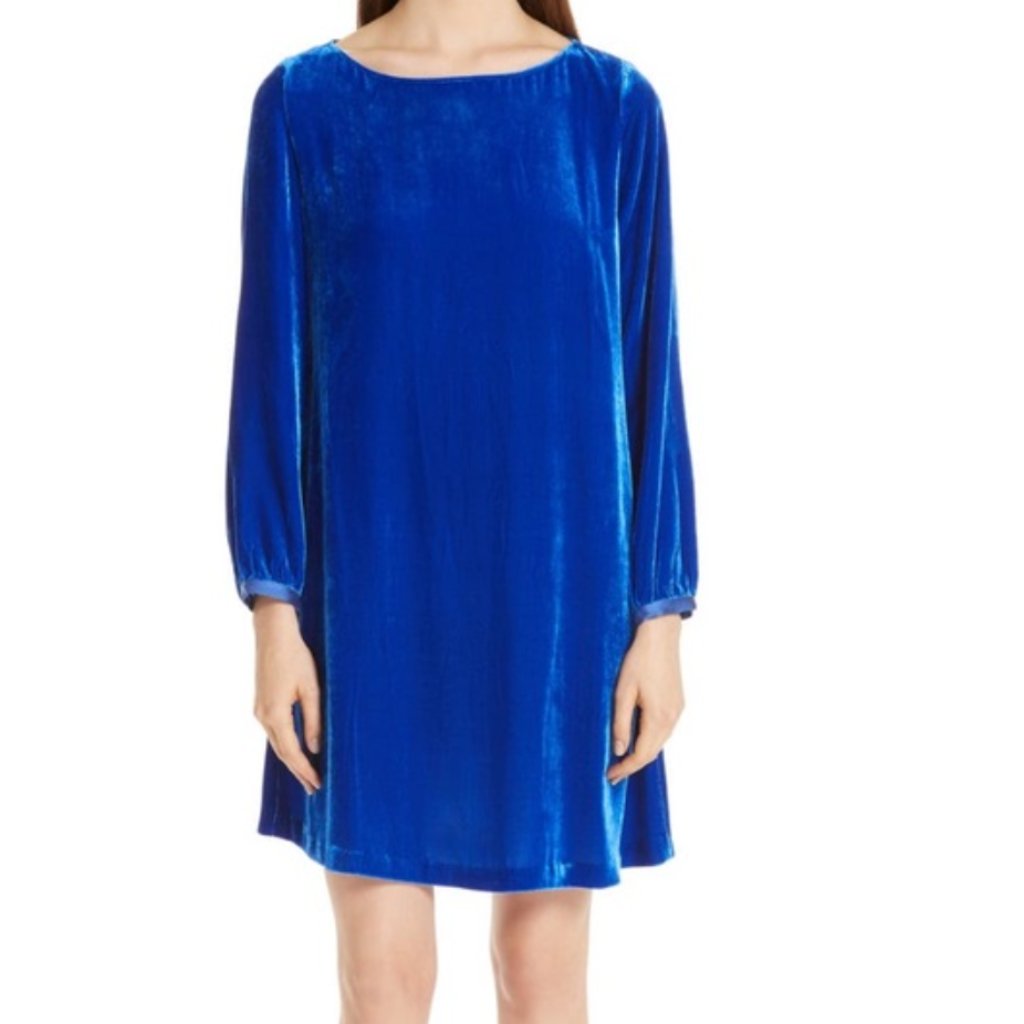 Eileen Fisher Blue Bateau Velvet Long Sleeve Shift Dress Size Ps A51